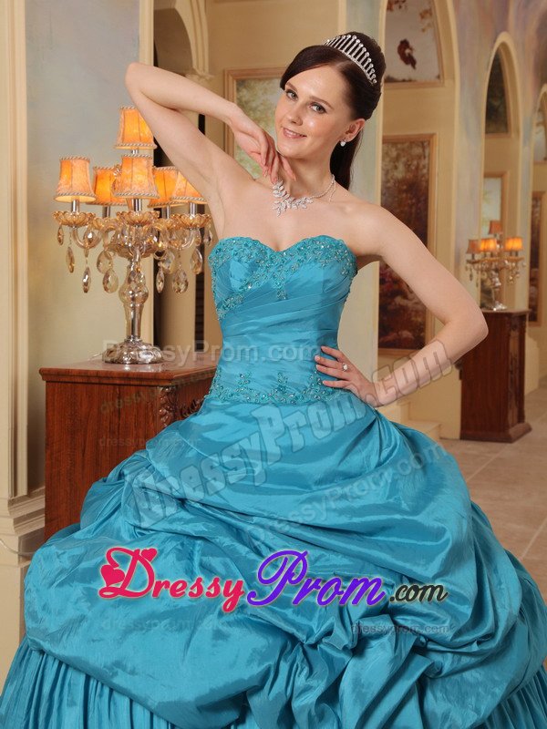 Teal Beading Pick-up Sweetheart Lace Up Back Taffeta Quinceanera Dress