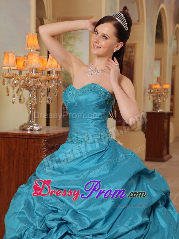 Teal Beading Pick-up Sweetheart Lace Up Back Taffeta Quinceanera Dress