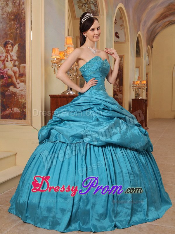 Teal Beading Pick-up Sweetheart Lace Up Back Taffeta Quinceanera Dress