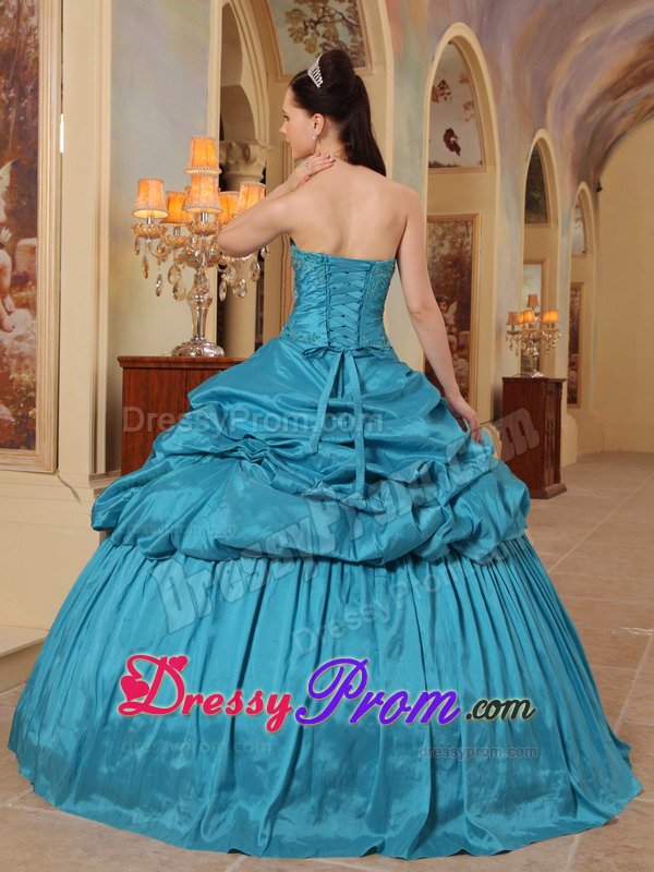 Teal Beading Pick-up Sweetheart Lace Up Back Taffeta Quinceanera Dress