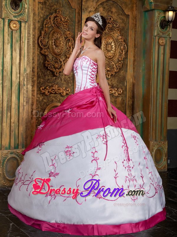 Embroidery Strapless Lace Up Back Satin Fuchsia Quinceanera Dresses