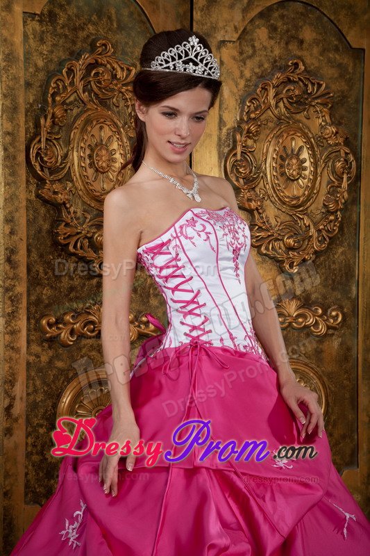 Embroidery Strapless Lace Up Back Satin Fuchsia Quinceanera Dresses