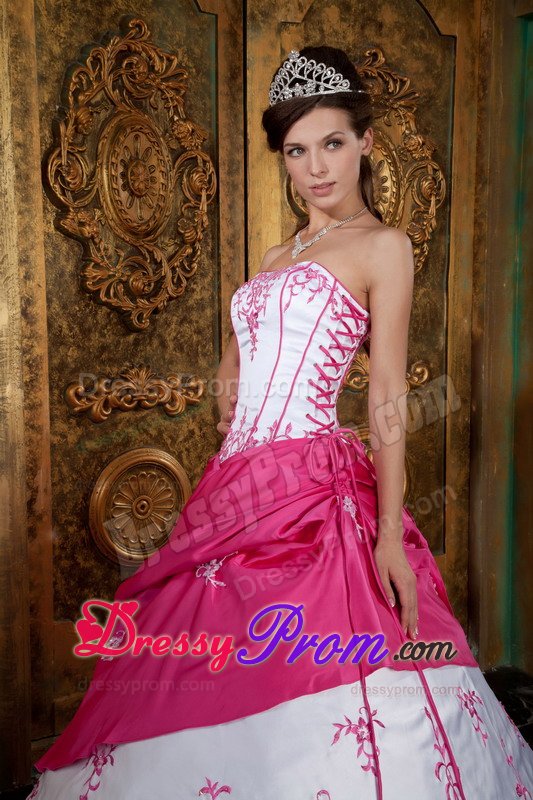 Embroidery Strapless Lace Up Back Satin Fuchsia Quinceanera Dresses