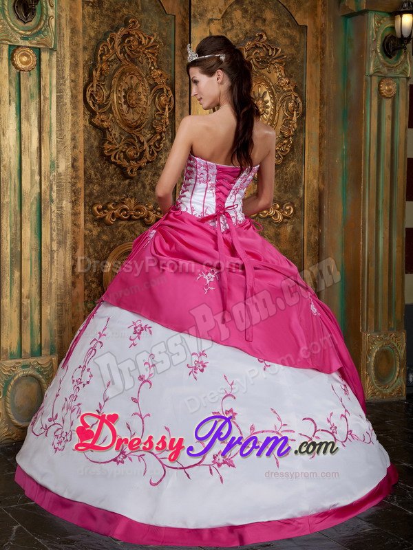Embroidery Strapless Lace Up Back Satin Fuchsia Quinceanera Dresses
