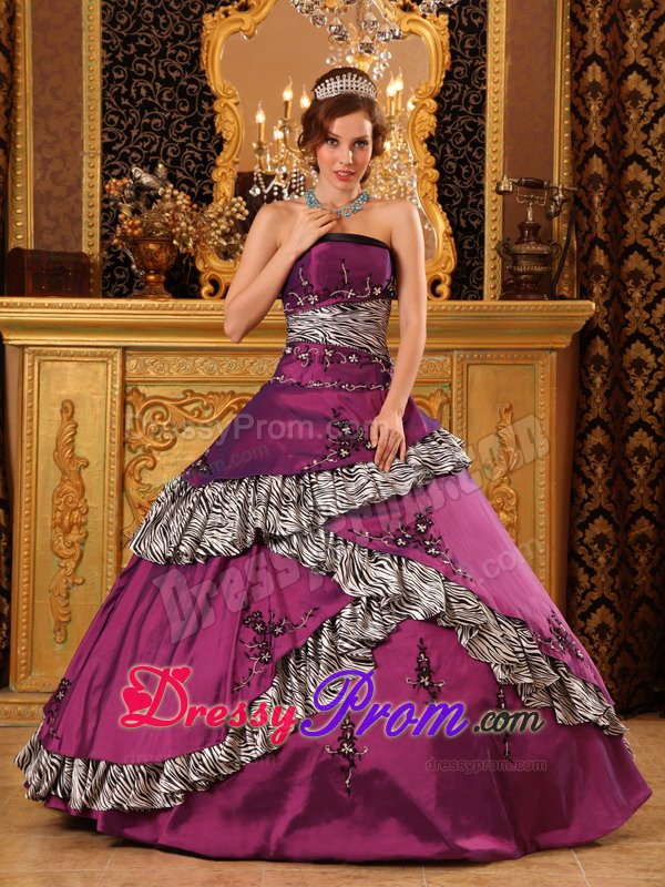 Taffeta Embroidery Strapless Fuchsia Quinceanera Gown with Zebra Print