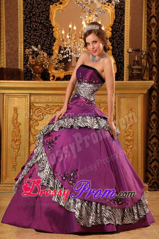 Taffeta Embroidery Strapless Fuchsia Quinceanera Gown with Zebra Print