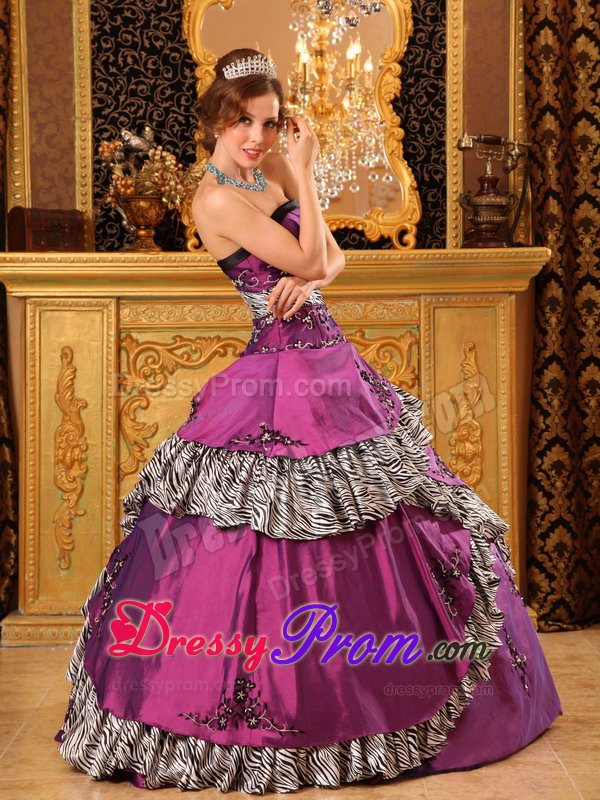 Taffeta Embroidery Strapless Fuchsia Quinceanera Gown with Zebra Print