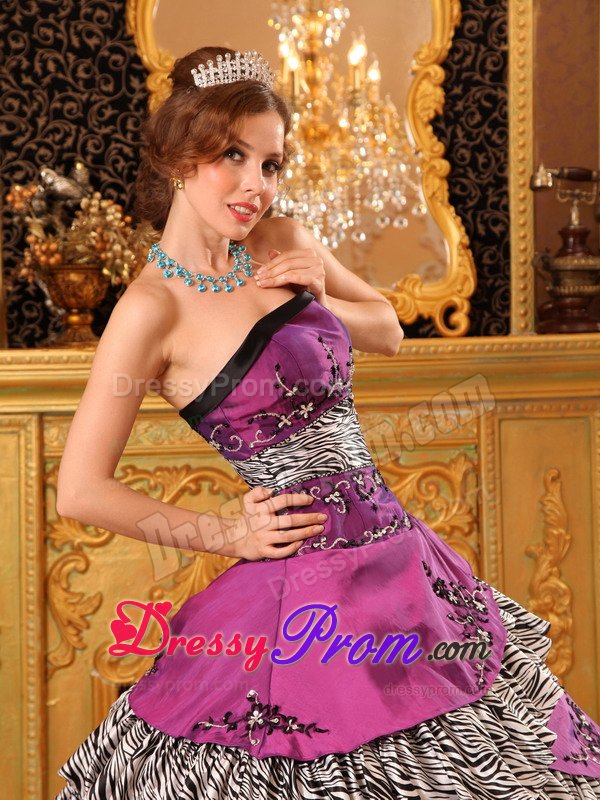 Taffeta Embroidery Strapless Fuchsia Quinceanera Gown with Zebra Print