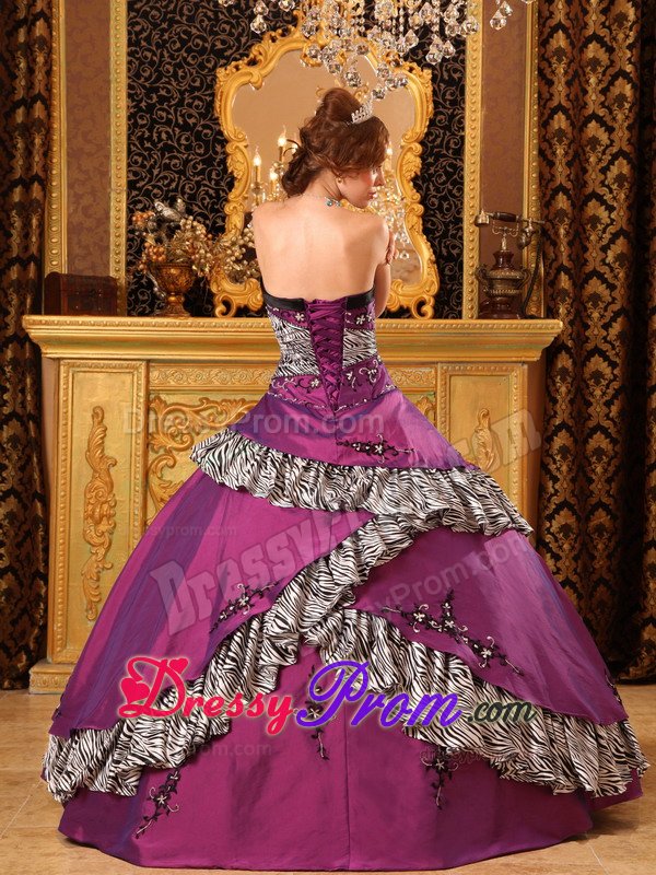 Taffeta Embroidery Strapless Fuchsia Quinceanera Gown with Zebra Print