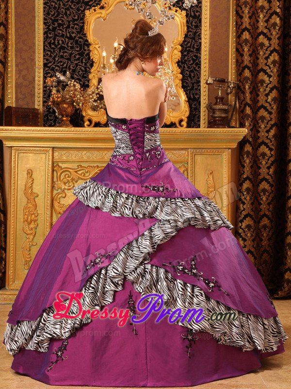 Taffeta Embroidery Strapless Fuchsia Quinceanera Gown with Zebra Print