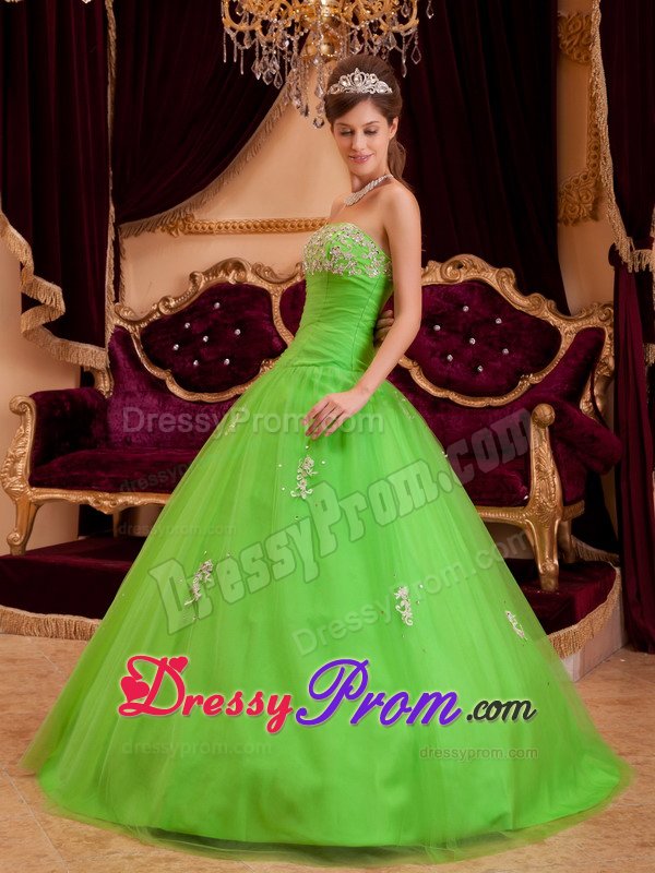 Strapless Appliques Floor-length Spring Green Tulle Quinceanera Dress