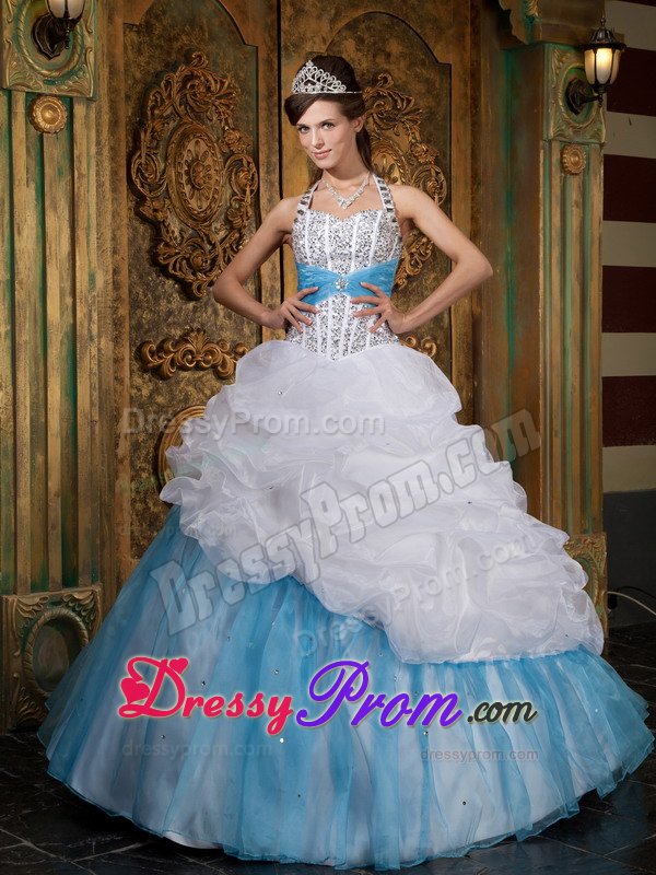 Halter Beading Pick Ups Floor-length White and Blue Sweet 15 Dresses