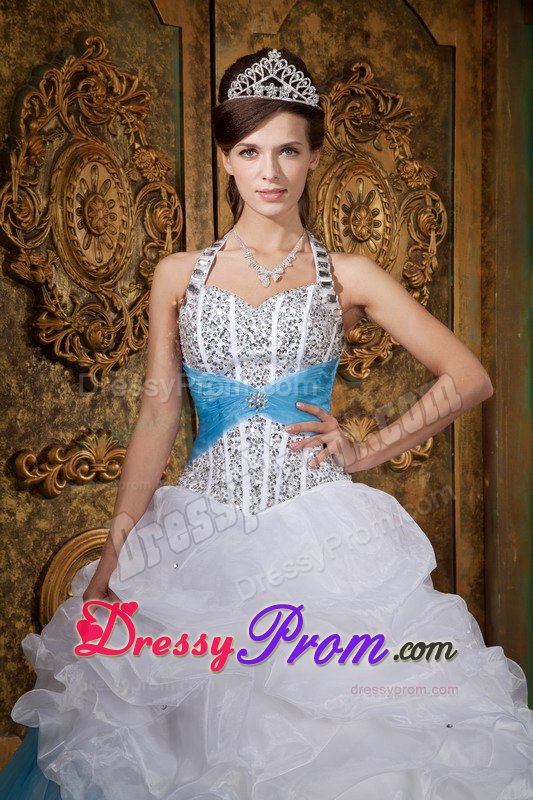 Halter Beading Pick Ups Floor-length White and Blue Sweet 15 Dresses