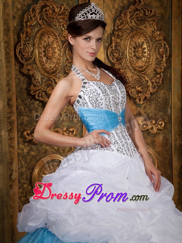 Halter Beading Pick Ups Floor-length White and Blue Sweet 15 Dresses