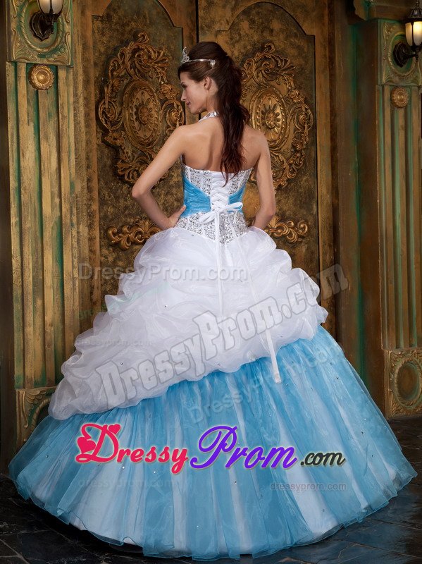 Halter Beading Pick Ups Floor-length White and Blue Sweet 15 Dresses
