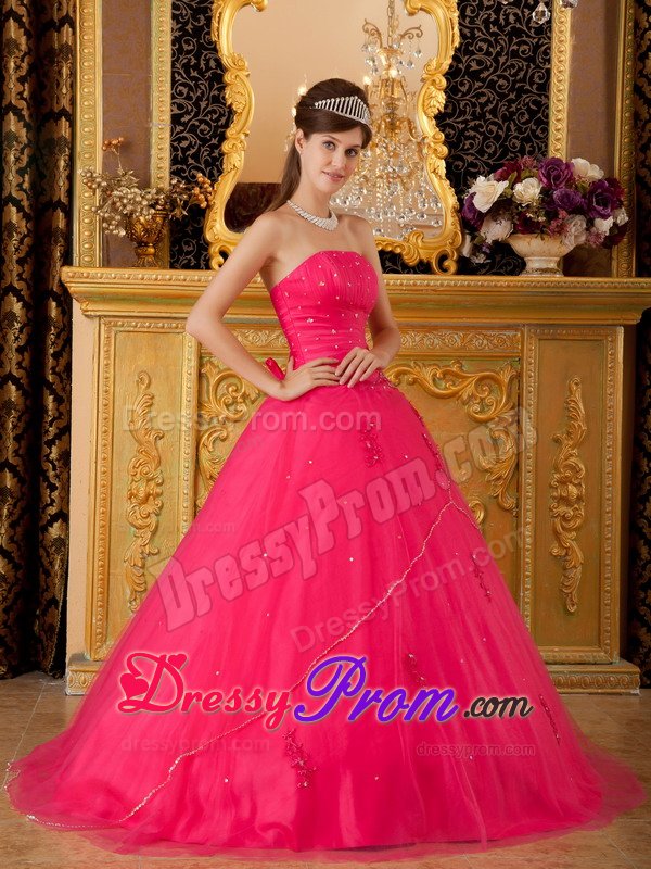 Beading Strapless Appliques Layers Tulle Hot Pink Quinceanera Gowns