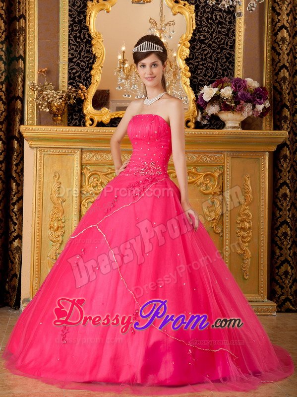 Beading Strapless Appliques Layers Tulle Hot Pink Quinceanera Gowns