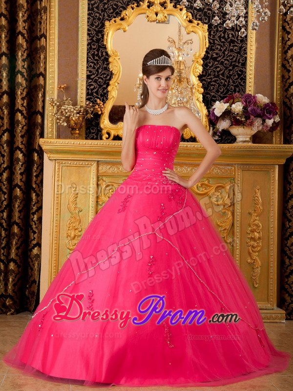 Beading Strapless Appliques Layers Tulle Hot Pink Quinceanera Gowns