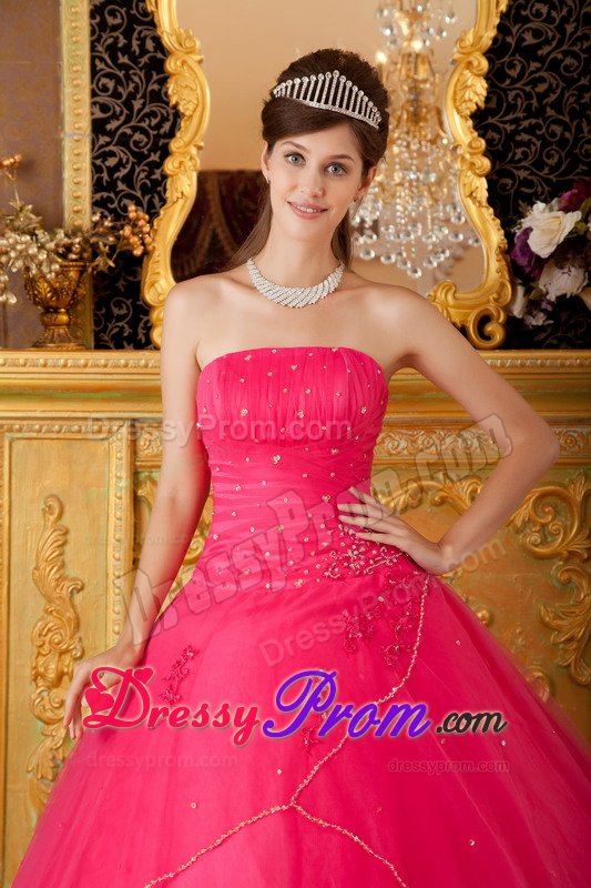 Beading Strapless Appliques Layers Tulle Hot Pink Quinceanera Gowns