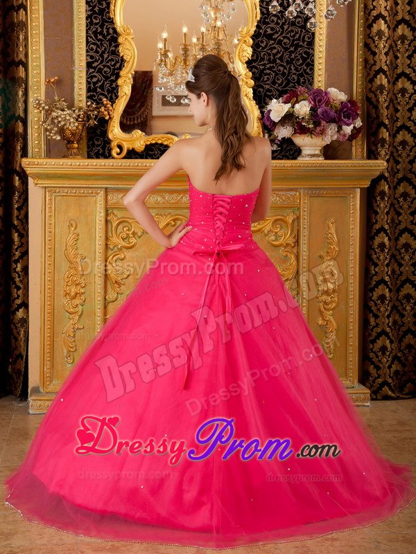 Beading Strapless Appliques Layers Tulle Hot Pink Quinceanera Gowns