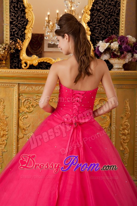 Beading Strapless Appliques Layers Tulle Hot Pink Quinceanera Gowns