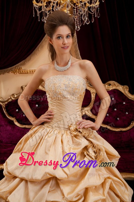 Handmade Flowers Appliques Strapless Pick Ups Taffeta Quinceanera Dress