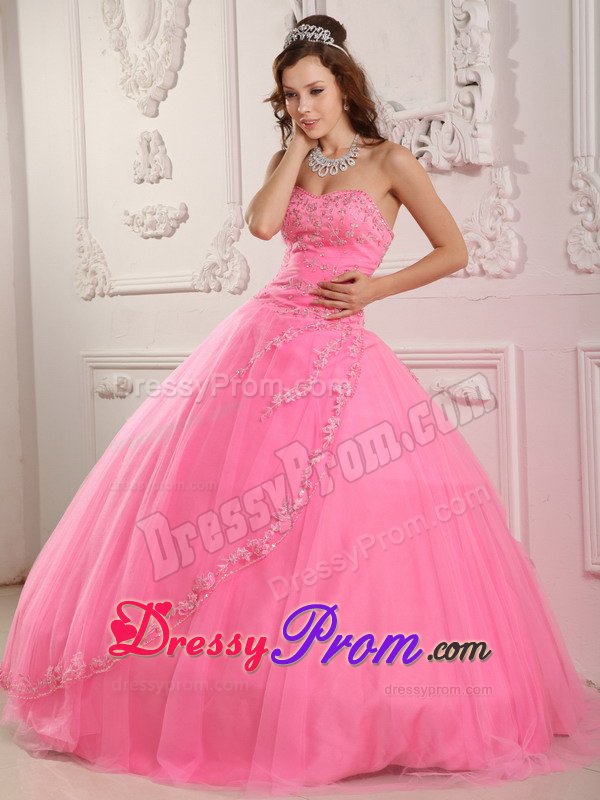 Pink Sweetheart Appliques Layered Tulle Puffy Quinceanera Dress