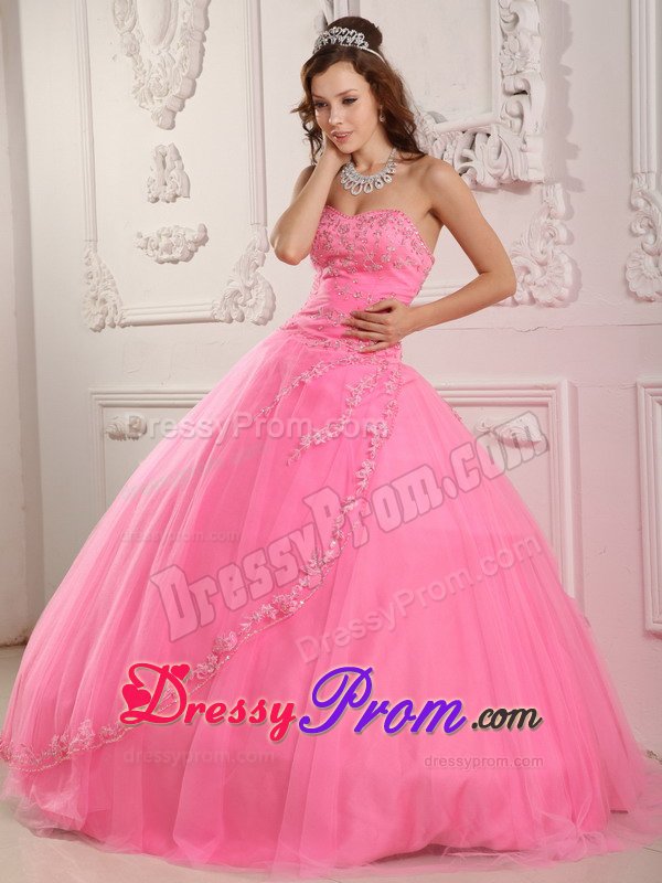 Rose Pink Sweetheart Appliques Layered Tulle Puffy Quinceanera Dress