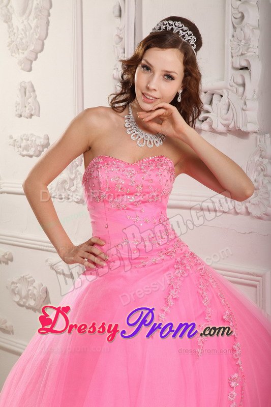 Rose Pink Sweetheart Appliques Layered Tulle Puffy Quinceanera Dress