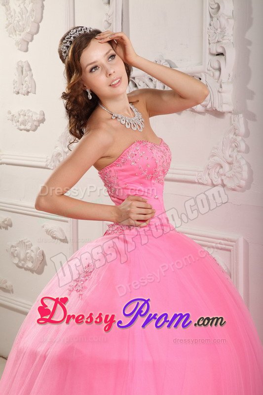 Rose Pink Sweetheart Appliques Layered Tulle Puffy Quinceanera Dress