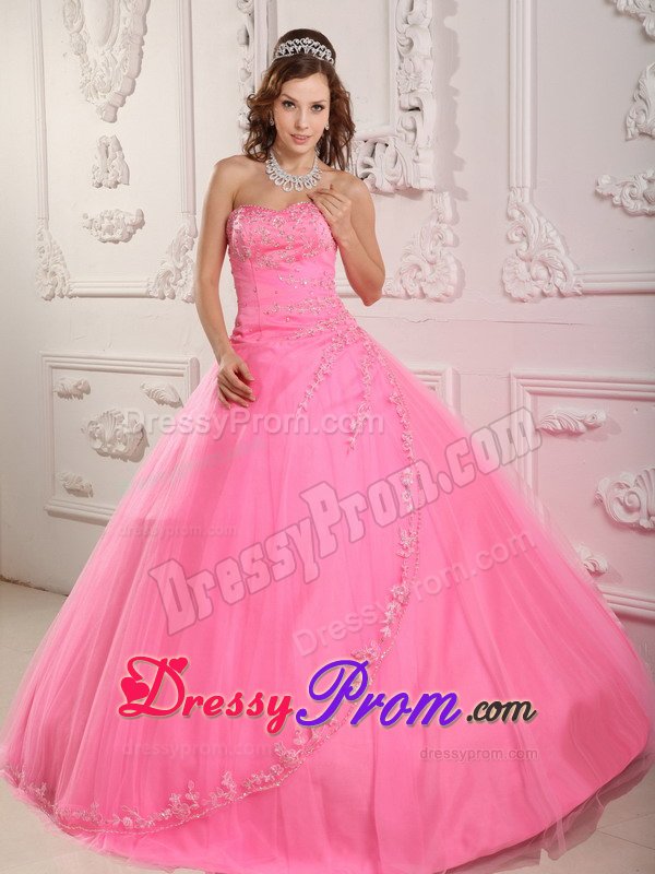 Rose Pink Sweetheart Appliques Layered Tulle Puffy Quinceanera Dress