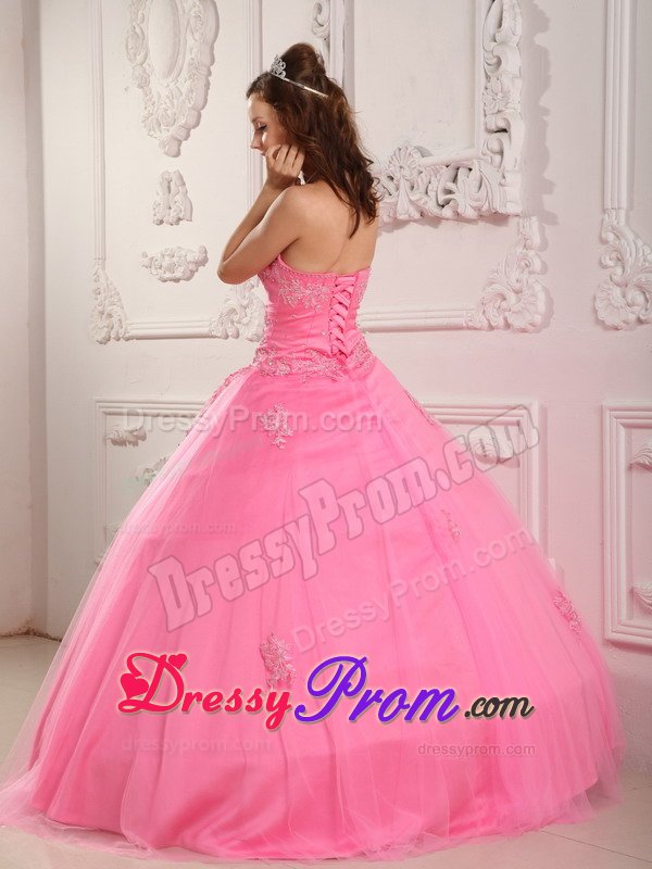 Rose Pink Sweetheart Appliques Layered Tulle Puffy Quinceanera Dress