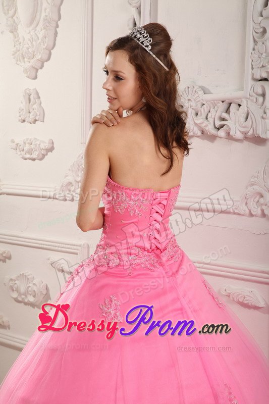 Rose Pink Sweetheart Appliques Layered Tulle Puffy Quinceanera Dress