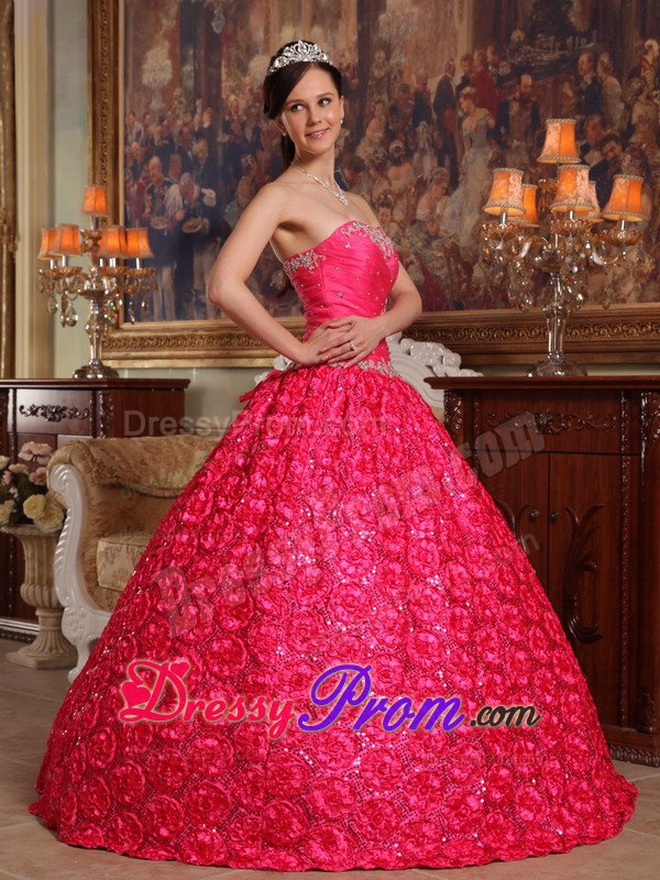 Rolling Flowers Fabric Appliques Strapless Coral Red Quinceanera Dress