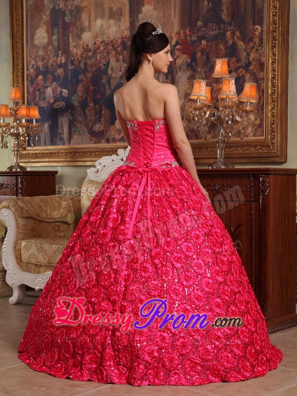 Rolling Flowers Fabric Appliques Strapless Coral Red Quinceanera Dress