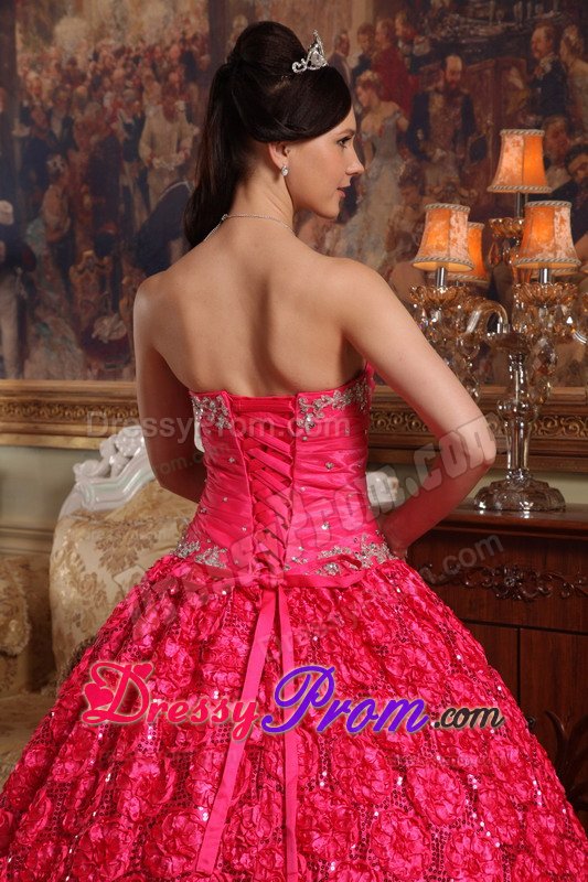 Rolling Flowers Fabric Appliques Strapless Coral Red Quinceanera Dress