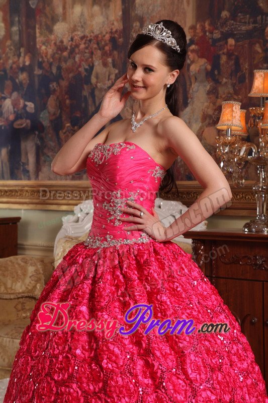 Rolling Flowers Fabric Appliques Strapless Coral Red Quinceanera Dress