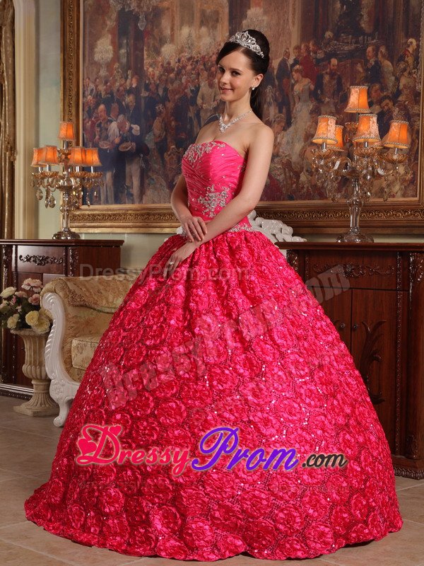 Rolling Flowers Fabric Appliques Strapless Coral Red Quinceanera Dress