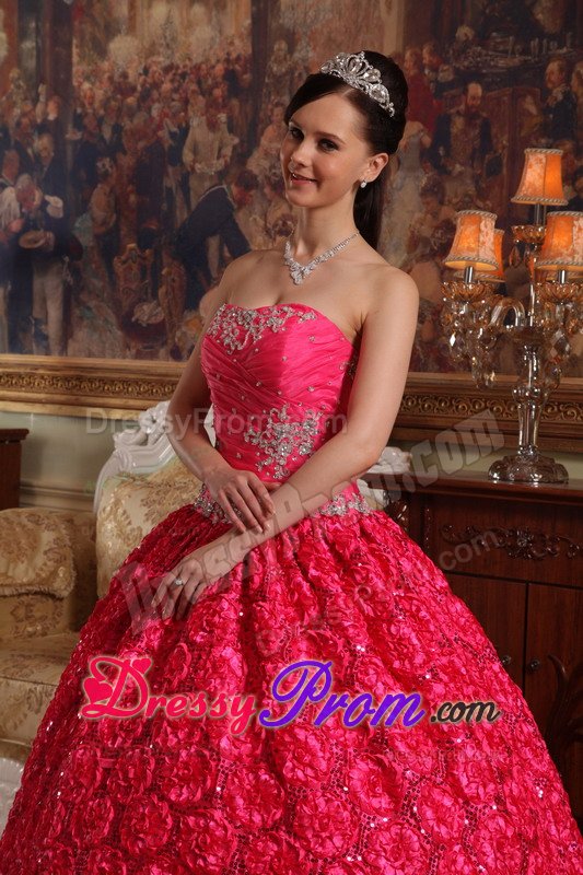 Rolling Flowers Fabric Appliques Strapless Coral Red Quinceanera Dress