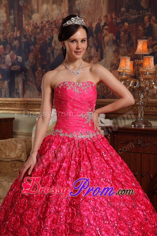Rolling Flowers Fabric Appliques Strapless Coral Red Quinceanera Dress