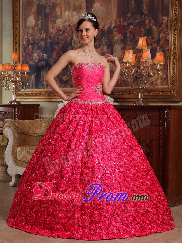 Rolling Flowers Fabric Appliques Strapless Coral Red Quinceanera Dress