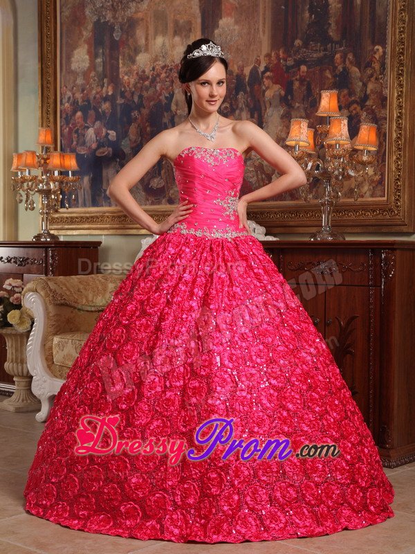 Rolling Flowers Fabric Appliques Strapless Coral Red Quinceanera Dress