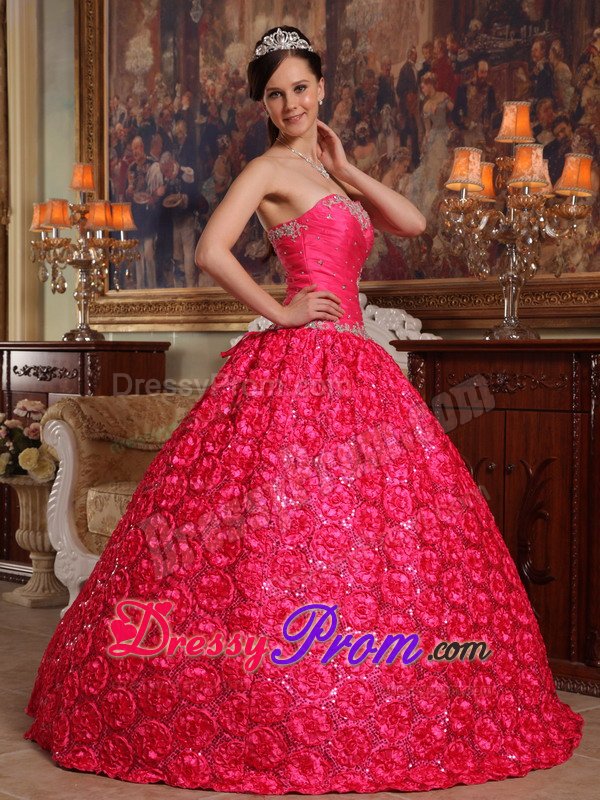 Rolling Flowers Fabric Appliques Strapless Coral Red Quinceanera Dress