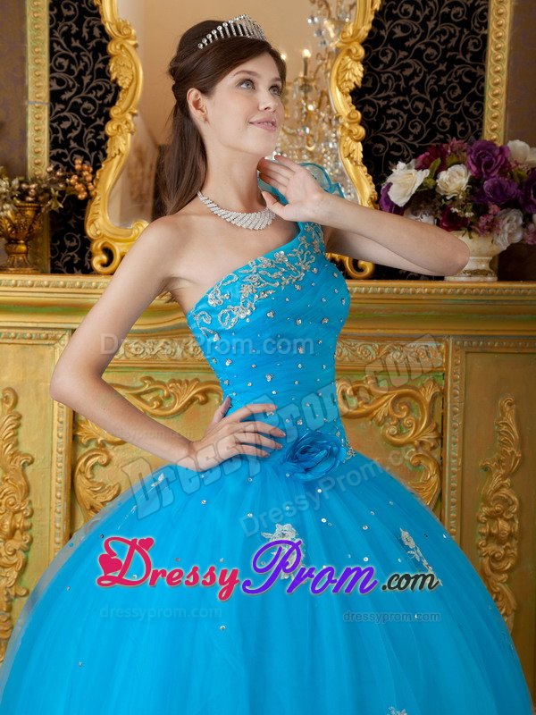 One Shoulder Appliques Handmade Flowers Tulle Teal Quinceanera Dress