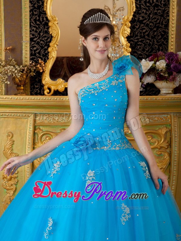 One Shoulder Appliques Handmade Flowers Tulle Teal Quinceanera Dress