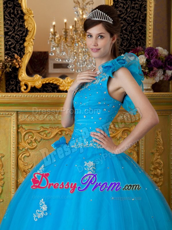 One Shoulder Appliques Handmade Flowers Tulle Teal Quinceanera Dress
