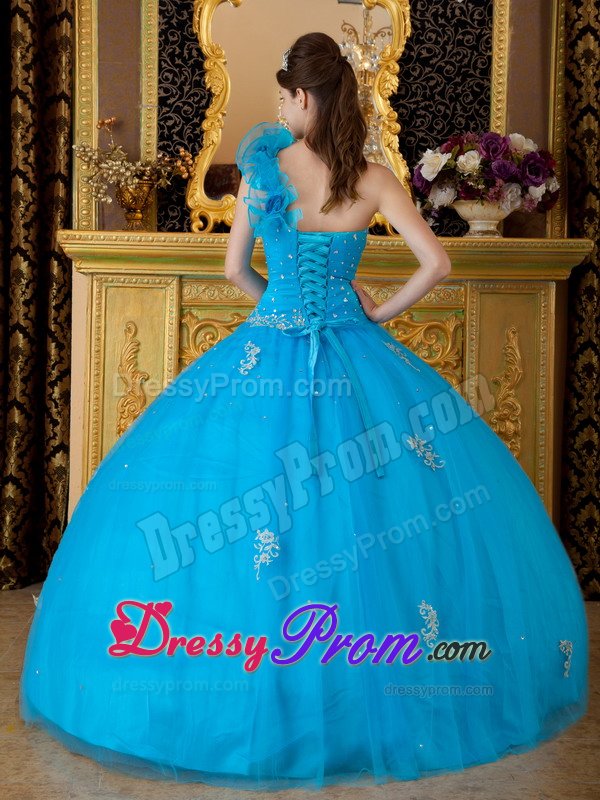 One Shoulder Appliques Handmade Flowers Tulle Teal Quinceanera Dress