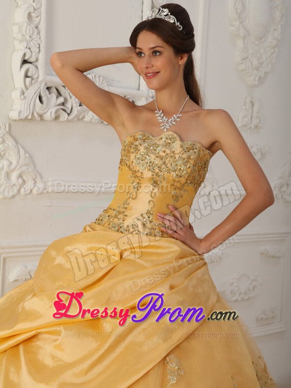 Sweetheart Beading Gold Pick Ups Taffeta and Tulle Quinceanera Gowns