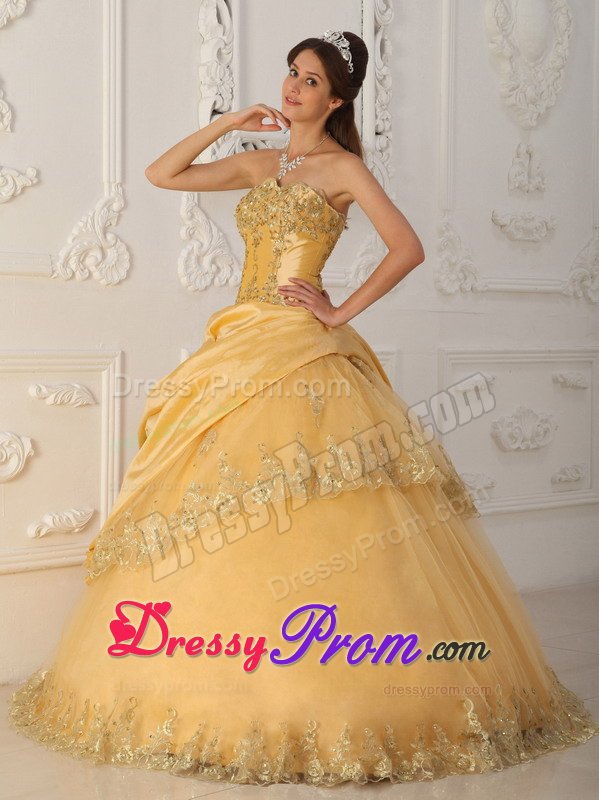 Sweetheart Beading Gold Pick Ups Taffeta and Tulle Quinceanera Gowns
