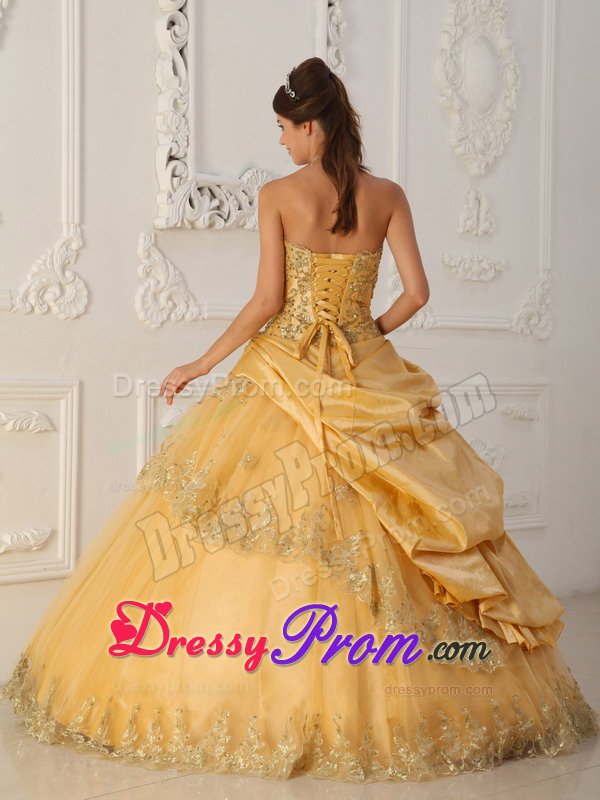 Sweetheart Beading Gold Pick Ups Taffeta and Tulle Quinceanera Gowns